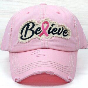 KBETHOS Pink Believe Breast Cancer Ribbon Distressed Baseball Cap Hat NWT
